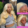 Woman with blonde wig, close-up of lace, and pre-plucked hairline with brand logo.