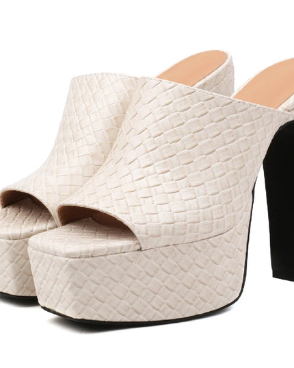 Sexy high heels platform slides in woven beige leather, featuring high block heels and an open-toe design.