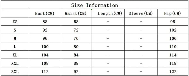 Size chart for autumn turtleneck party dress showing bust, waist, sleeve, length, and hip measurements.