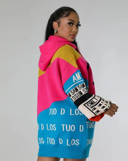 Oshfall European and American autumn and winter hooded drawstring long sleeves color matching letters loose long women's sweater