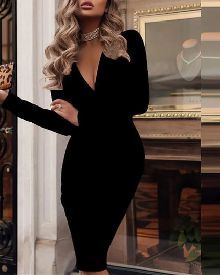 Evening Dress for Women Sexy Deep V Neck Long Sleeve Solid Bodycon Midi Dress Luxury Autumn Elegant Office Work Dresses