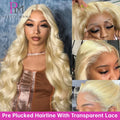 Collage of a blonde wig with close-up shots of the hairline and lace, featuring the brand 'Pretty Mama'.