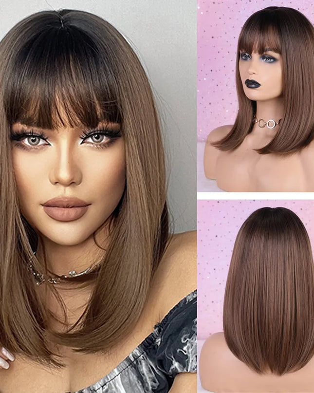 Blonde Synthetic Wigs with Bangs Medium Length Layered Straight Wig Natural Highlight Hair