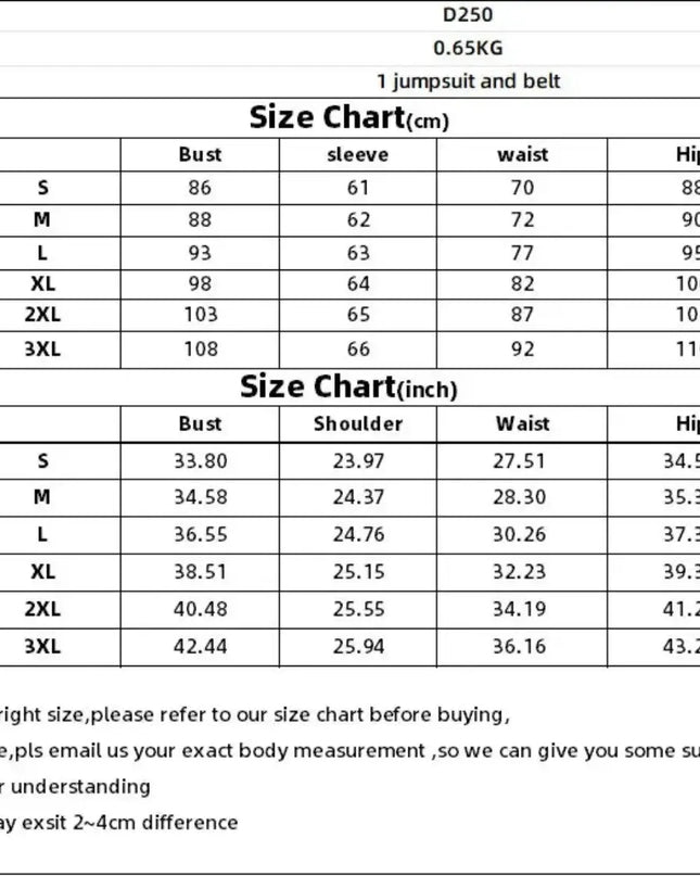 Size chart for a jumpsuit with measurements in centimeters and inches.