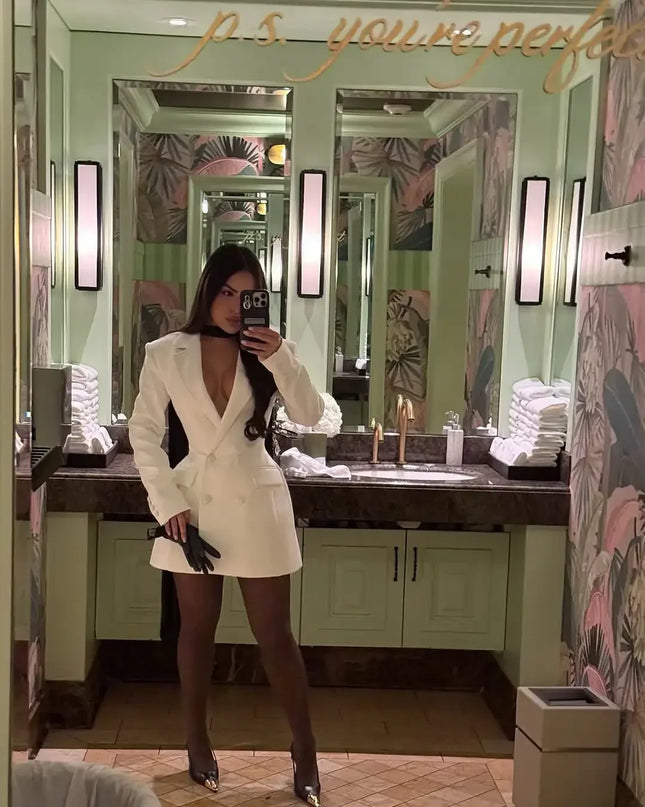 2025 Deep V-Neck Double-Breasted Mini Dress