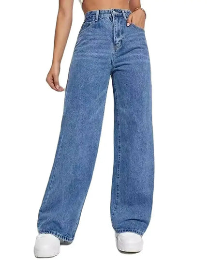 Women’s Y2K high-waist baggy jeans in retro blue, featuring a slouchy straight-leg silhouette.