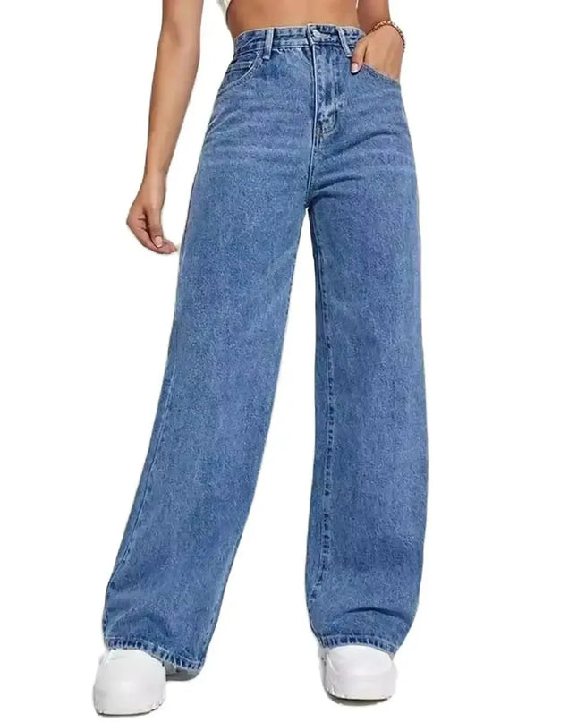 Women’s Y2K high-waist baggy jeans in retro blue, featuring a slouchy straight-leg silhouette.