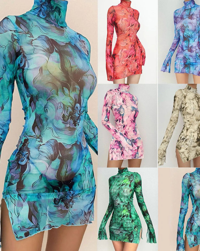 Y2K Mesh Bodycon Dress – Bell Sleeves, Open Hip Design