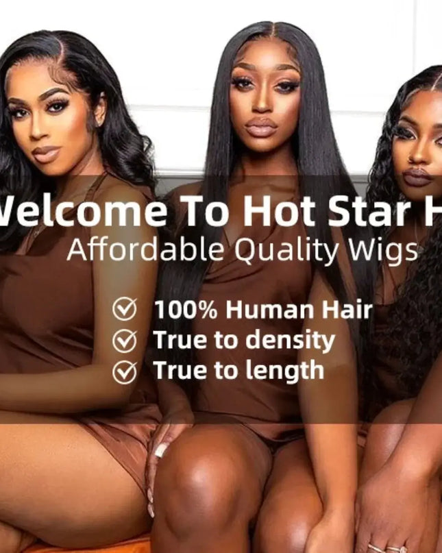 Three women with long black wigs sitting on an orange couch, with text about Hot Star Hair wigs.