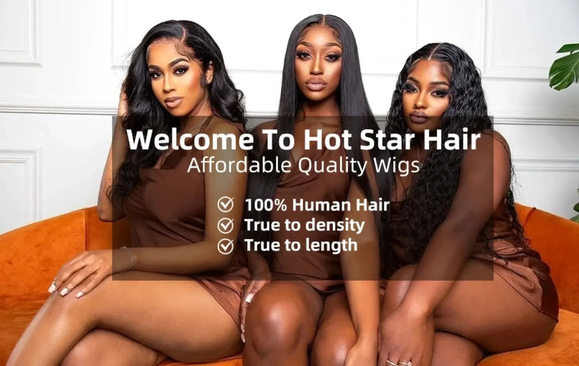 Three women with long black wigs sitting on an orange couch, with text about Hot Star Hair wigs.
