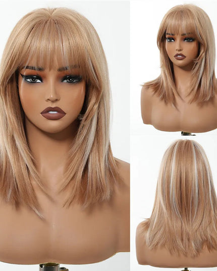 Blonde wig with bangs on a mannequin head against a white background