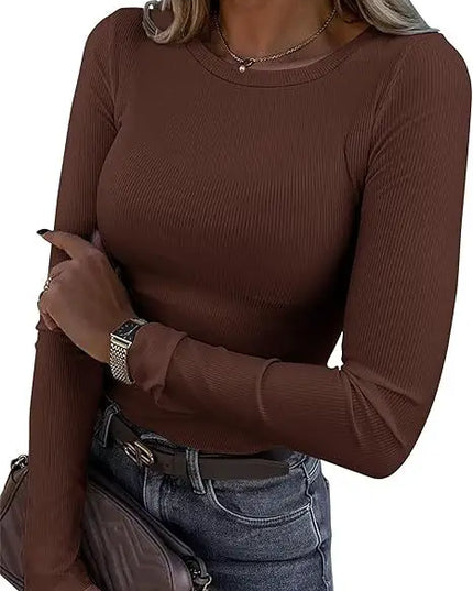 European and American new women's long sleeved elastic round neck ribbed T-shirt slim fit casual basic top