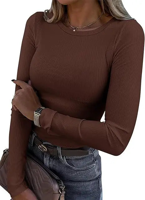 European and American new women's long sleeved elastic round neck ribbed T-shirt slim fit casual basic top