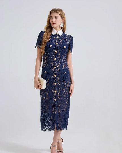 Elegant Lace Color Block Bodycon Dress with 3D Pockets