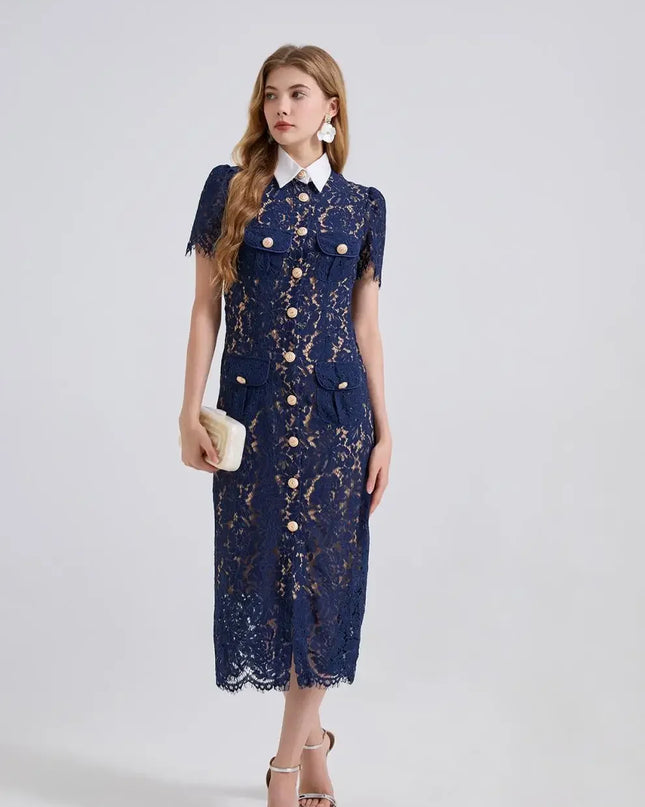 Elegant Lace Color Block Bodycon Dress with 3D Pockets