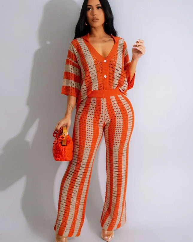 Women's Crochet Knit Two-Piece Beach Set – Button Top & Wide-Leg Pants