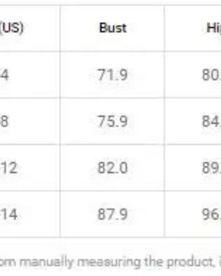 Size chart for clothing with measurements in centimeters