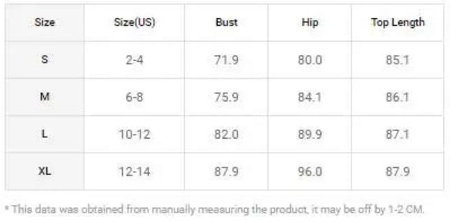 Size chart for clothing with measurements in centimeters