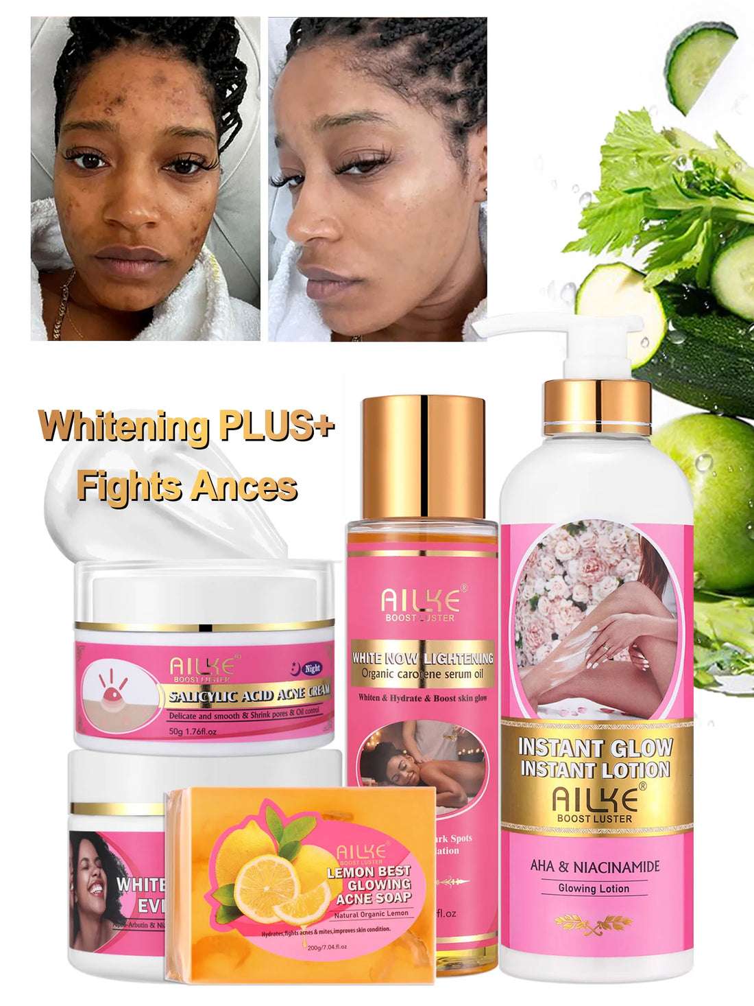 AILKE OEM Smooth Brightening AHA Dark Spots Removal, Skin Whitening Anti Wrinkle Skin Care Set