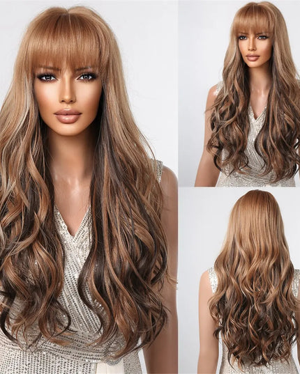 Brown Wavy Wigs for Women with Bangs Long Natural Synthetic Hair Wig Daily Cosplay Heat Resistant