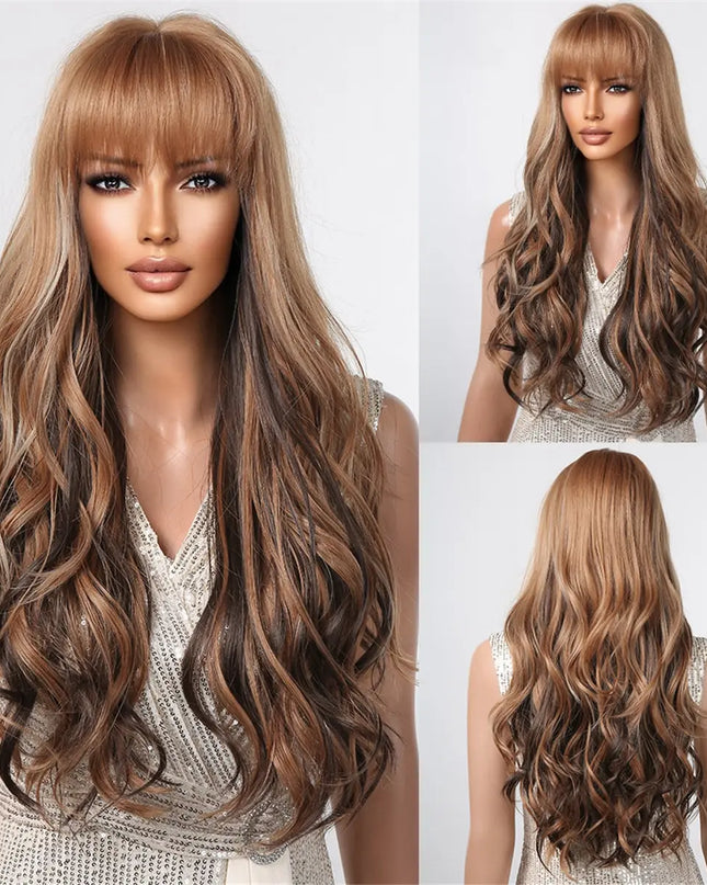 Brown Wavy Wigs for Women with Bangs Long Natural Synthetic Hair Wig Daily Cosplay Heat Resistant