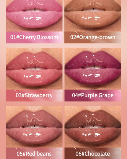 Collage of glossy lip shades with color names on a pink background
