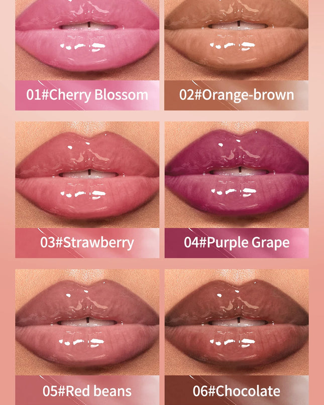 Collage of glossy lip shades with color names on a pink background