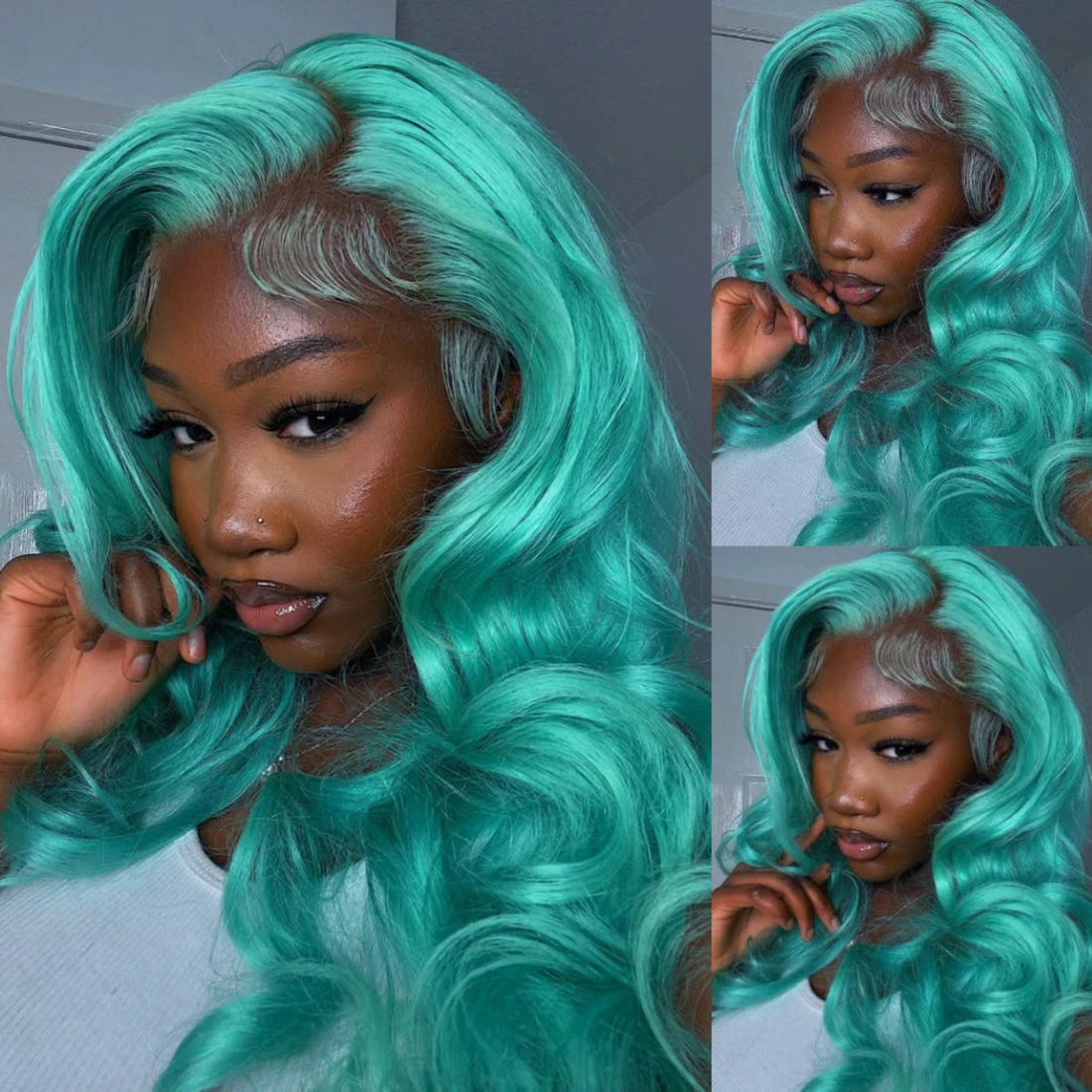 Woman with teal hair styled in loose waves, shown from different angles.