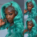 Woman with teal hair styled in loose waves, shown from different angles.