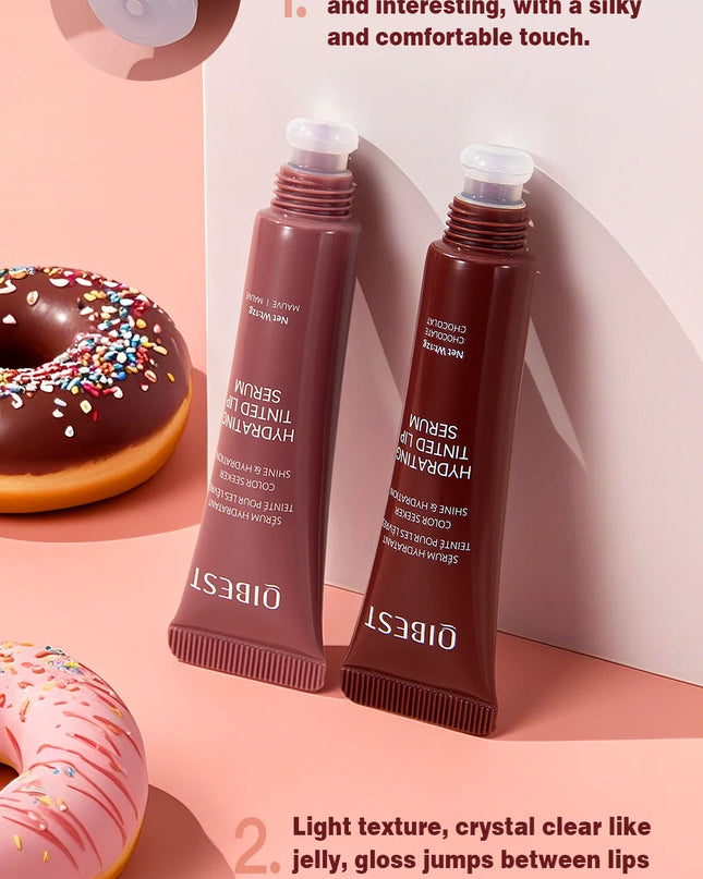 Cosmetic product with donut design packaging, showing before and after effects on lips.