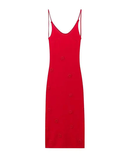 Gothic embroidered dresses for women - long red knitted gown with adjustable straps suitable for beach vacations.