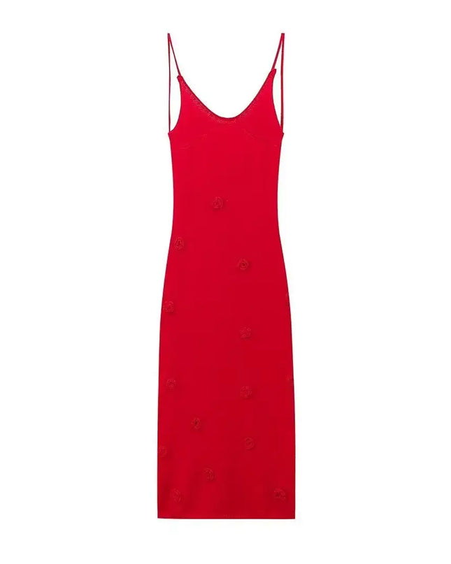 Gothic embroidered dresses for women - long red knitted gown with adjustable straps suitable for beach vacations.