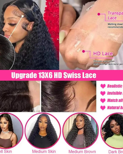 Advertisement for lace wig with close-up details and color options.