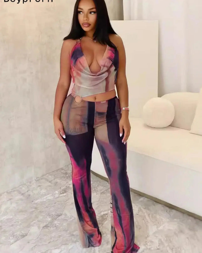 Woman wearing a colorful outfit with a blurred background