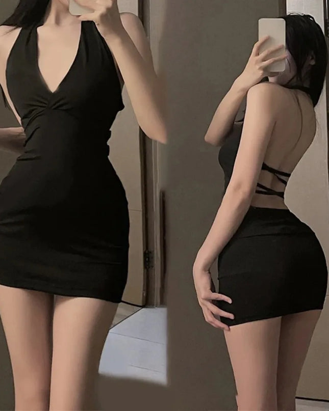 Woman wearing a black dress, front and back views, against a neutral background.