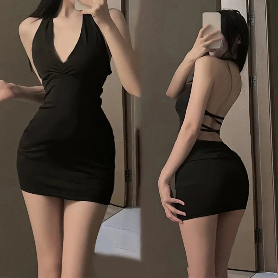 Woman wearing a black dress, front and back views, against a neutral background.