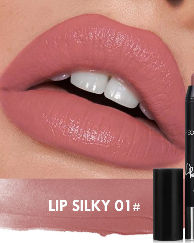 Lipstick with 'Lip Silky 01#' shade applied to lips, showing close-up of lipstick and color swatch.