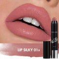 Lipstick with 'Lip Silky 01#' shade applied to lips, showing close-up of lipstick and color swatch.