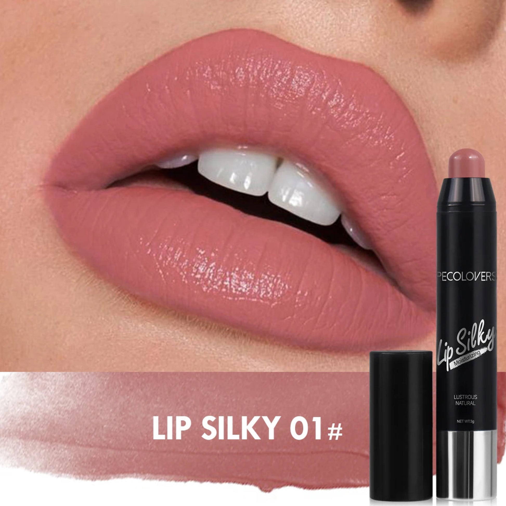 Lipstick with 'Lip Silky 01#' shade applied to lips, showing close-up of lipstick and color swatch.