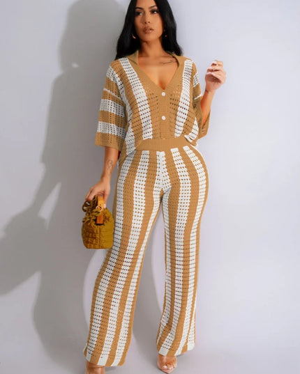 Women's Crochet Knit Two-Piece Beach Set – Button Top & Wide-Leg Pants