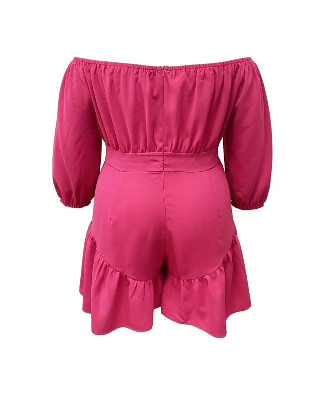 Rose Red Casual Off-the-shoulder Three-quarter Sleeve Ruffle Fitted Holiday Jumpsuit