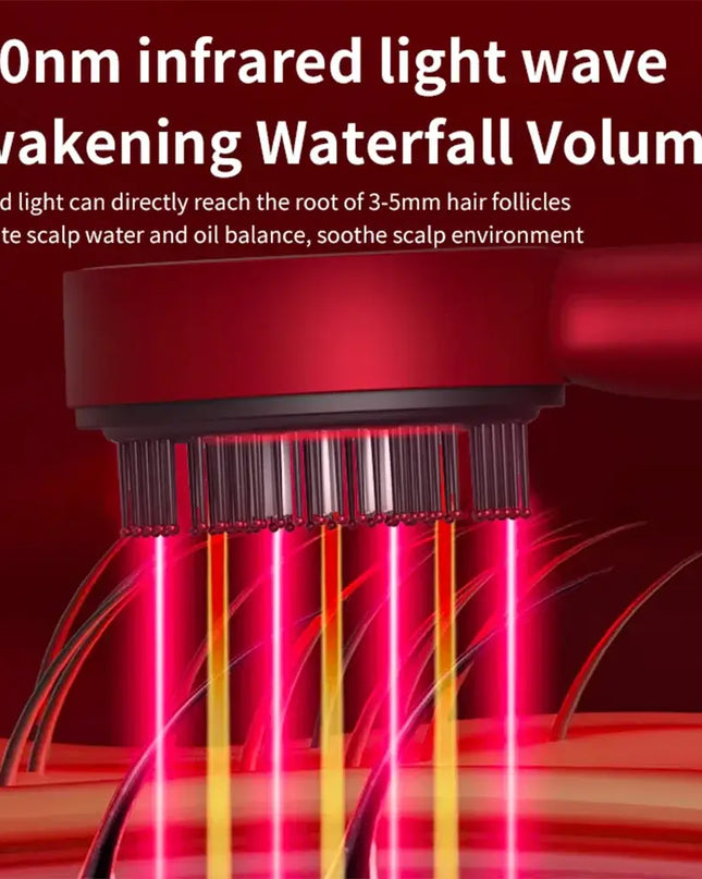 Infrared light therapy hair comb highlighting 630nm wavelength for scalp health and hair growth.