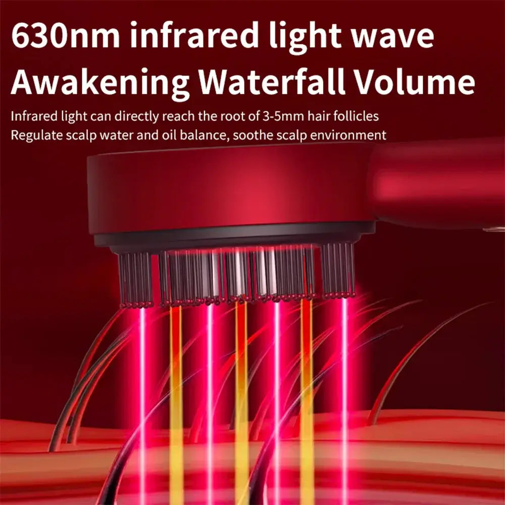 Infrared light therapy hair comb highlighting 630nm wavelength for scalp health and hair growth.