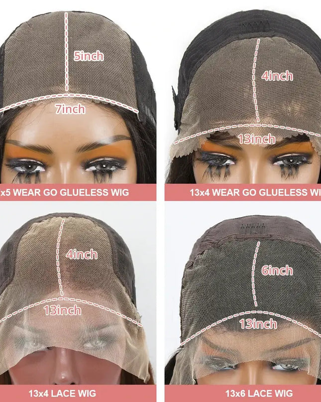 Comparison of different lace wigs with measurements on a white background