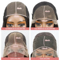 Comparison of different lace wigs with measurements on a white background