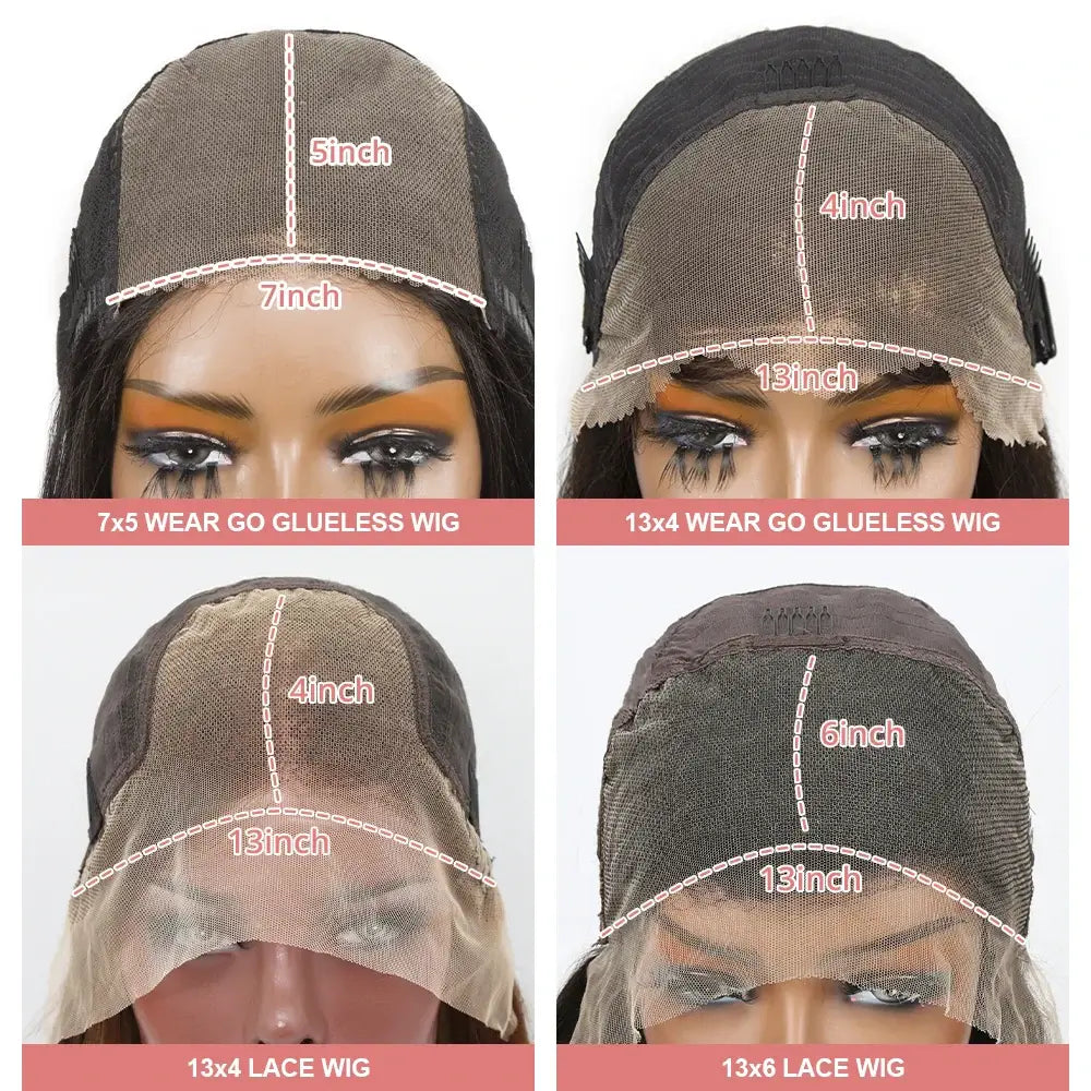 Comparison of different lace wigs with measurements on a white background