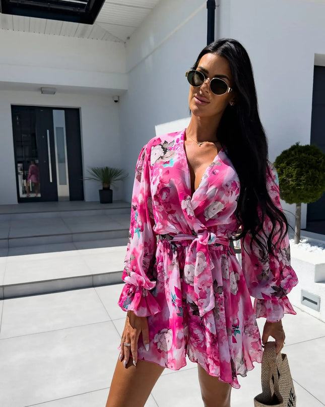 Women’s Loose V-Neck Long Sleeve Printed Jumpsuit