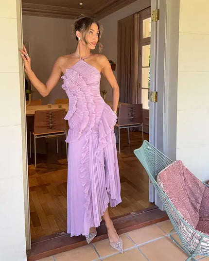 Gown Neck Strap Irregular Long Dress For Women Ruffle Sleeveless High Waist Backless Dresses 2025 New Summer Elegant Party Y2k