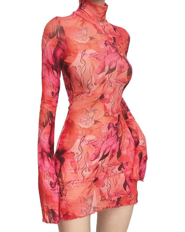 Y2K Mesh Bodycon Dress – Bell Sleeves, Open Hip Design