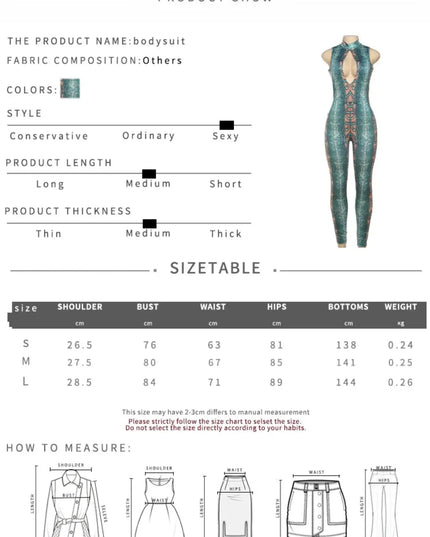 Product show with bodysuit details, fabric composition, color options, style description, product length, thickness, size chart, and measurement guide.